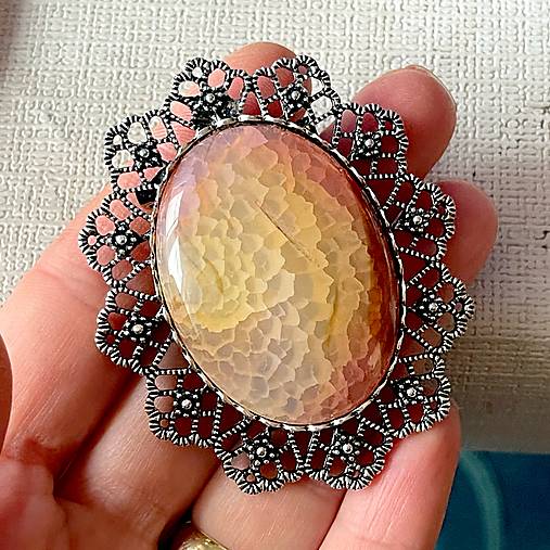 Vintage Dragon Agate Antique Silver Brooch / Brošňa s achátom