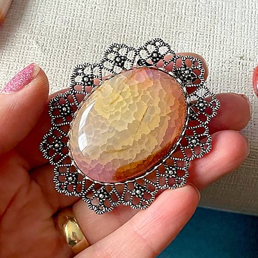 Vintage Dragon Agate Antique Silver Brooch / Brošňa s achátom