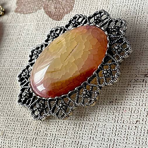 Vintage Dragon Agate Antique Silver Brooch / Brošňa s achátom
