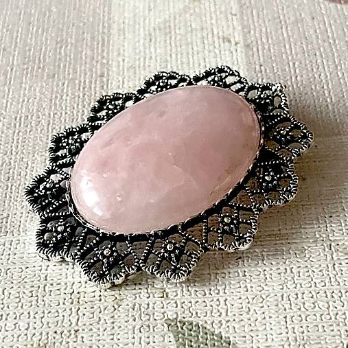 Vintage Rose Quartz Antique Silver Brooch / Brošňa s ruženínom