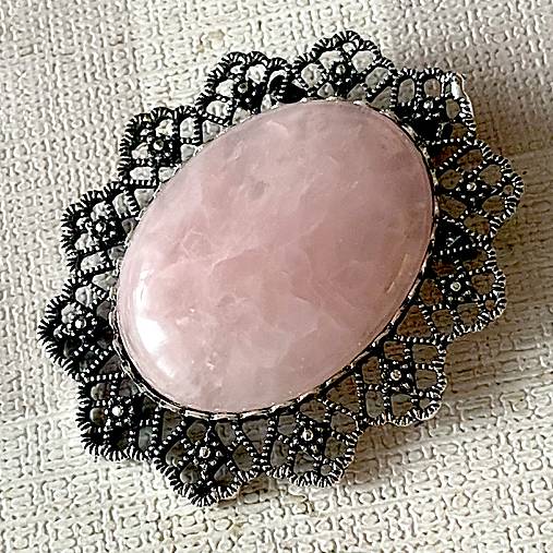 Vintage Rose Quartz Antique Silver Brooch / Brošňa s ruženínom