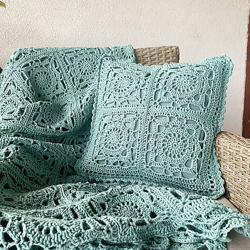 Úžitkový textil - Háčkovaná deka pistáciová + 2 obliečky na vankúše - 17097247_