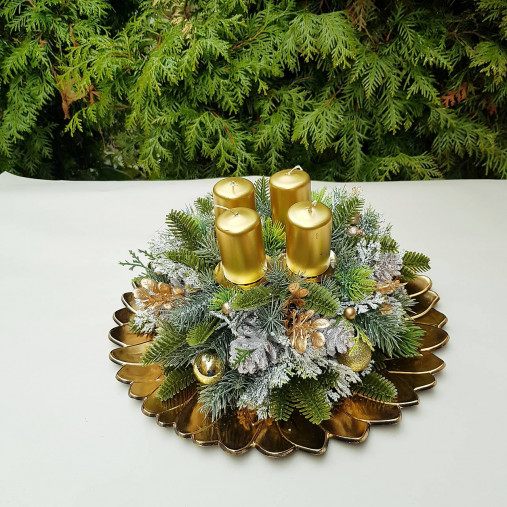 Dekorácie - adventný svietnik zlatý 33 cm so sviečkami - 17100032_