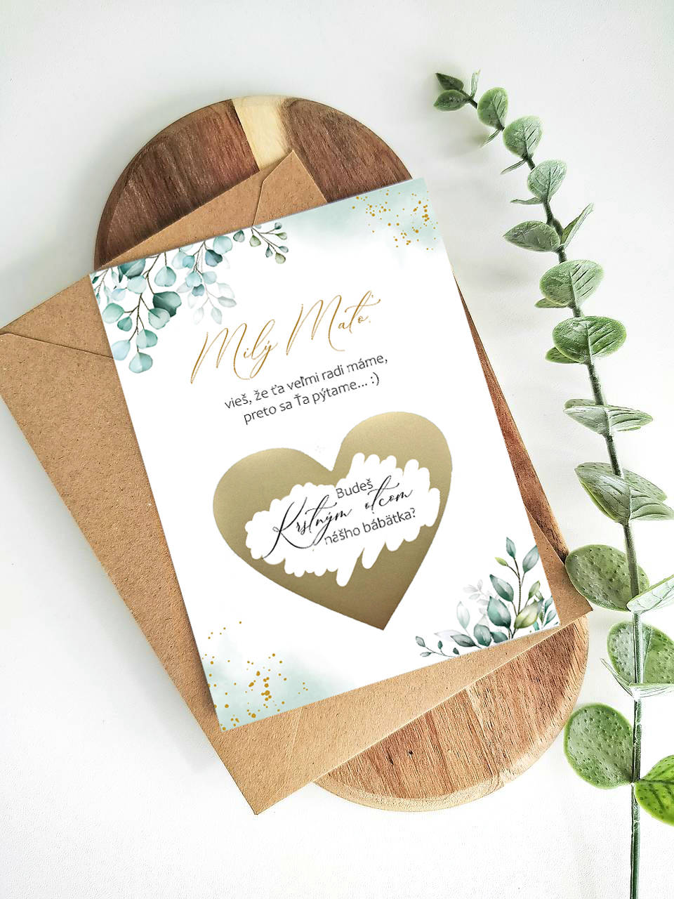 Stieracia kartička pre krstných rodičov v greenery dizajne