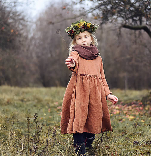 Detské oblečenie - Lněné šatičky cihlové - 17100089_