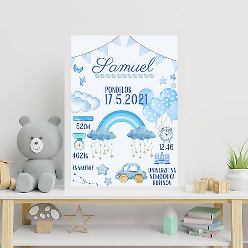 Grafika - Plagát s údajmi o narodení dieťaťa chlapec, tabuľka narodenia PDF - 17102942_