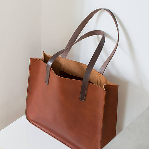 Kabelky - Kožená shopper kabelka TOTE BAG | koňaková (základná  (vrecko bez zipsu)) - 17105310_