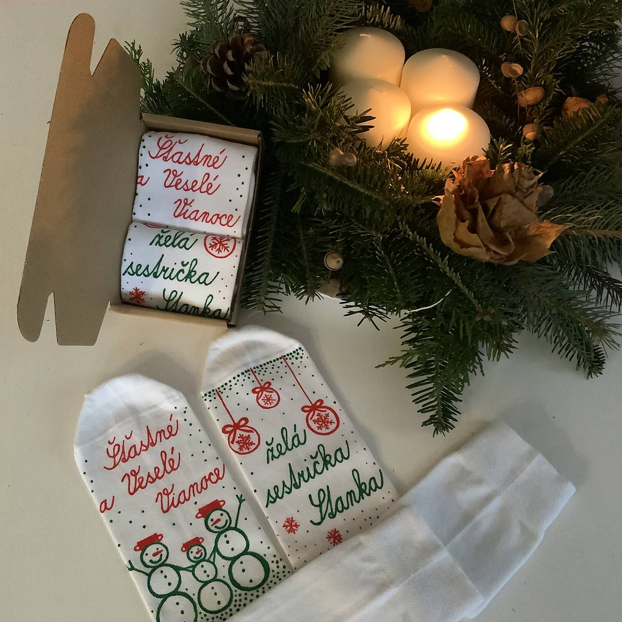 Maľované vianočné ponožky (biele so snehuliakmi a vianočnými guľami)