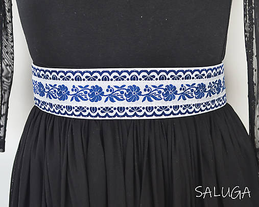 Opasky - Folklórny opasok - dámsky - folk - vyšívaný modrý  - široký 5,5cm - 17114551_