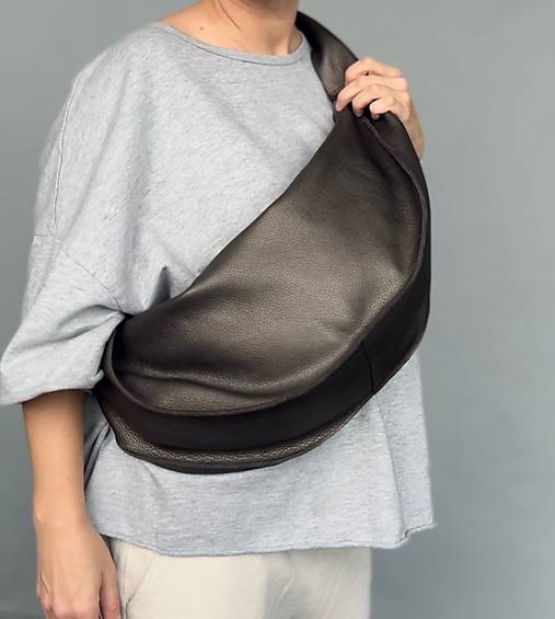 Veľké tašky - HOBO BAG maxi bronzovo hnedá kožená kabelka  - 17113105_
