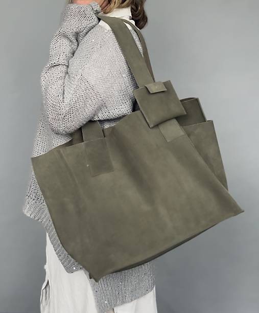Veľké tašky - .SUEDE OLIVE kožená shopper taška - 17123710_