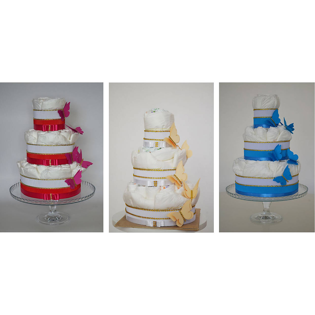 Plienkové torty s motýľmi - ružová, biela a modrá (Veľkosť plienok č.2 (3 - 6kg) - Biela)