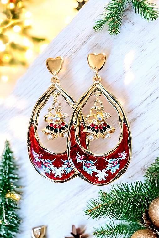 Náušnice - Vianočné náušnice červené so zvončekmi, nerezová oceľ - 17127636_