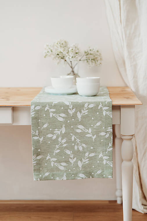 Úžitkový textil - Ľanový behúň na stôl Šípky (olivová) - 17137835_