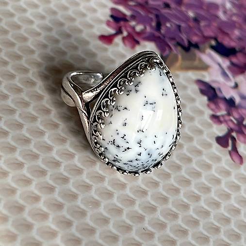 Natural Dendrite Opal Drop AG925 Ring / Strieborný prsteň s prírodným dendritickým opálom E012