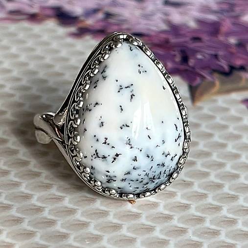 Natural Dendrite Opal Drop AG925 Ring / Strieborný prsteň s prírodným dendritickým opálom E012