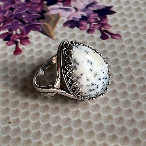 Natural Dendrite Opal Drop AG925 Ring / Strieborný prsteň s prírodným dendritickým opálom E012