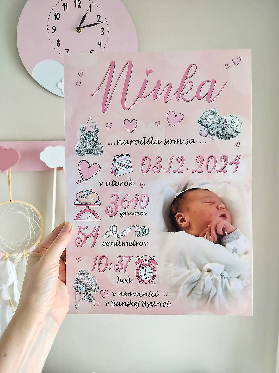 Detská tabuľka, tabuľka pre dieťa s údajmi o narodení dieťatka (Ružová s macíkmi 38x27)