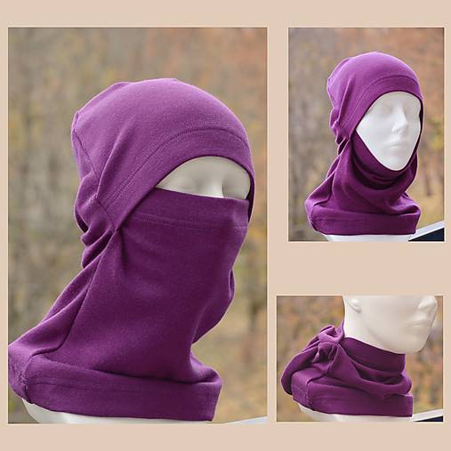 Čiapky, čelenky, klobúky - Multifunkčná Kukla Sport 100% merino  vlna baklažán - 17141104_