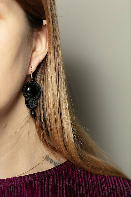 Náušnice - Lana čierna šujtaška - soutache earring - 17153418_
