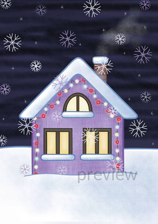 Kresby - Vianočný domček útulný - digitálna kresba (vianočné svetielka A4 - levanduľový) - 17153624_