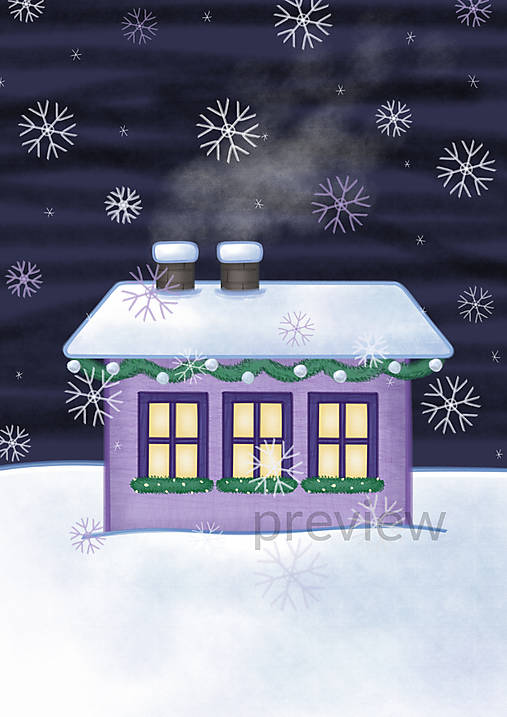 Kresby - Vianočný domček podlhovastý - digitálna kresba (vianočná girlanda A4 - levanduľový) - 17153713_