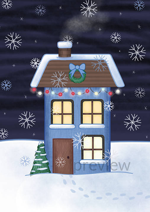 Kresby - Vianočný domček vysoký- digitálna kresba (vianočné svetielka - A4 belasý) - 17153794_