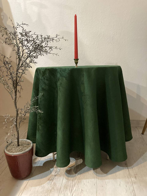 Úžitkový textil - Okrúhly Ľanový Obrus na stôl /tmavo  ZELENÝ/ - 17166024_