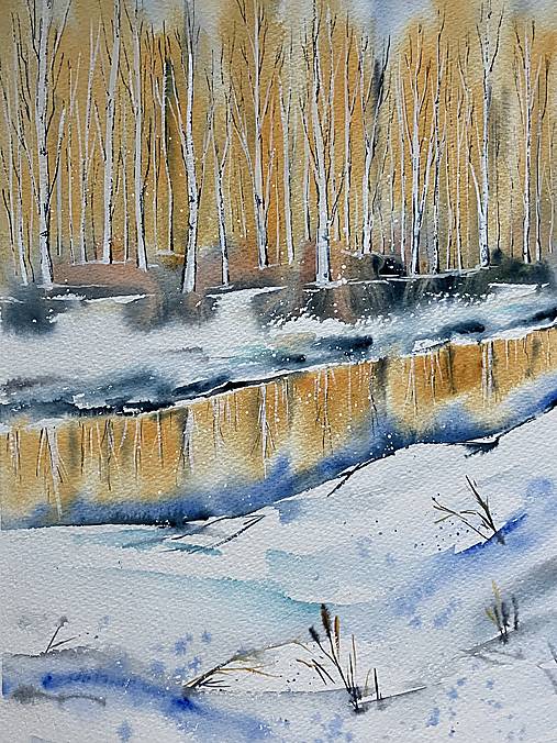 Obrazy - Originál akvarel Brezový háj v zime - 17169747_