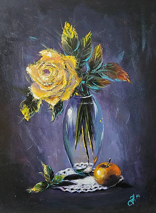 Obrazy - Obraz "Žltá ruža a jablko", 30x40 cm - 17169965_