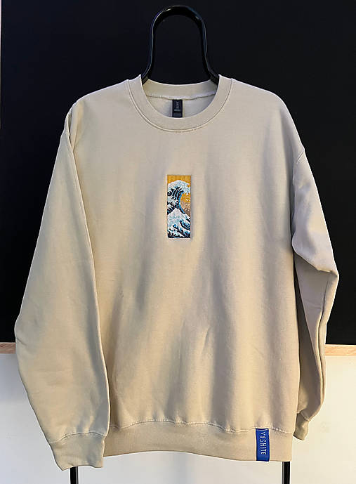 Mikiny - Pixel art mikina – Veľká vlna od Hokusai v krížikovej výšivke (Béžová) - 17171415_
