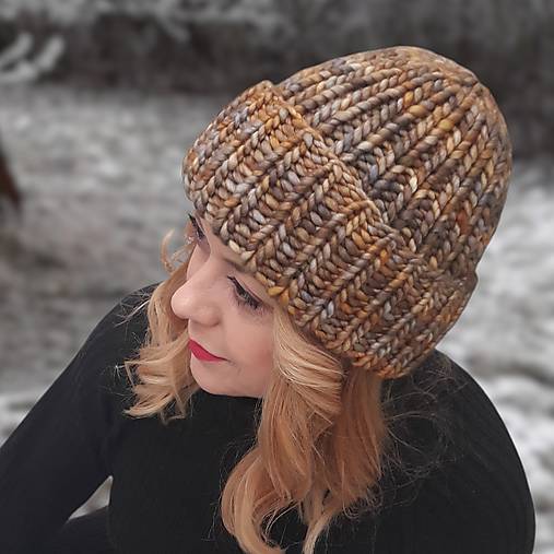 Čiapky, čelenky, klobúky - CHUNKY exclusive merino čiapka (karamelovosivá) - 17181932_