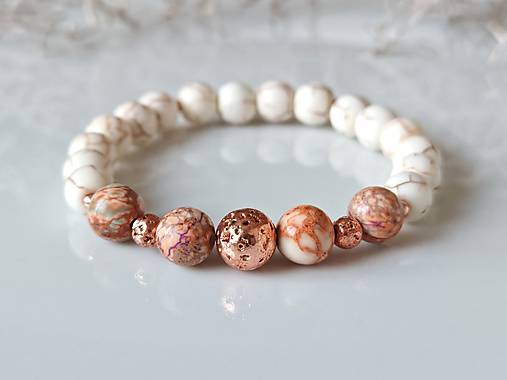 Náramky - Dámsky náramok z bieleho tyrkysu, s rosegold lávou a farebným jaspisom regalit - 17180684_