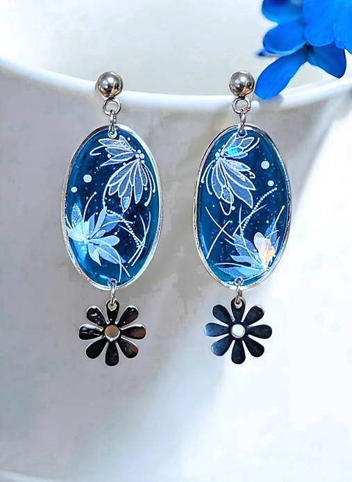 Náušnice - Napichovacie náušnice modré s kvietkami, chirurgická oceľ - 17182556_