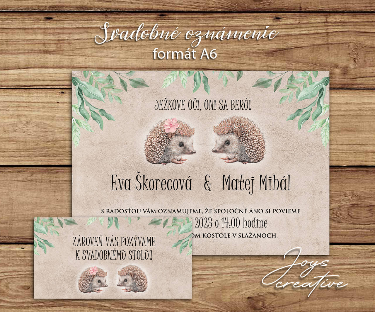Svadobné oznámenie s ježkove oči, oni sa berú (Pozvánka k stolu v dizajne oznámenie)