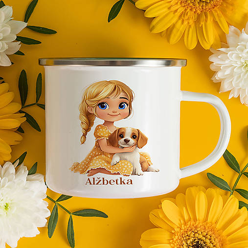 Nádoby - DIEVČATKO SO PSÍKOM (blond vlasy) smaltovaný hrnček s ľubovoľným menom - 17192830_