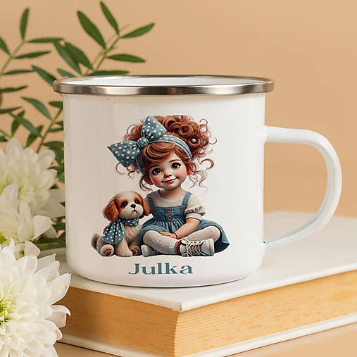 Nádoby - DIEVČATKO SO PSÍKOM smaltovaný hrnček s ľubovoľným menom - 17195409_