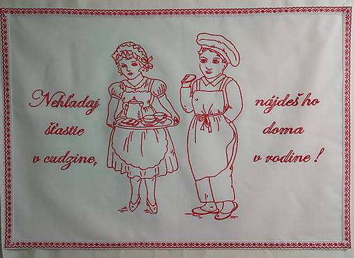 Úžitkový textil - Kuchynská plátená nástenka ručne vyšívaná "Nehľadaj šťastie v cudzine, nájdeš ho doma v rodine" (červená) - 17200509_