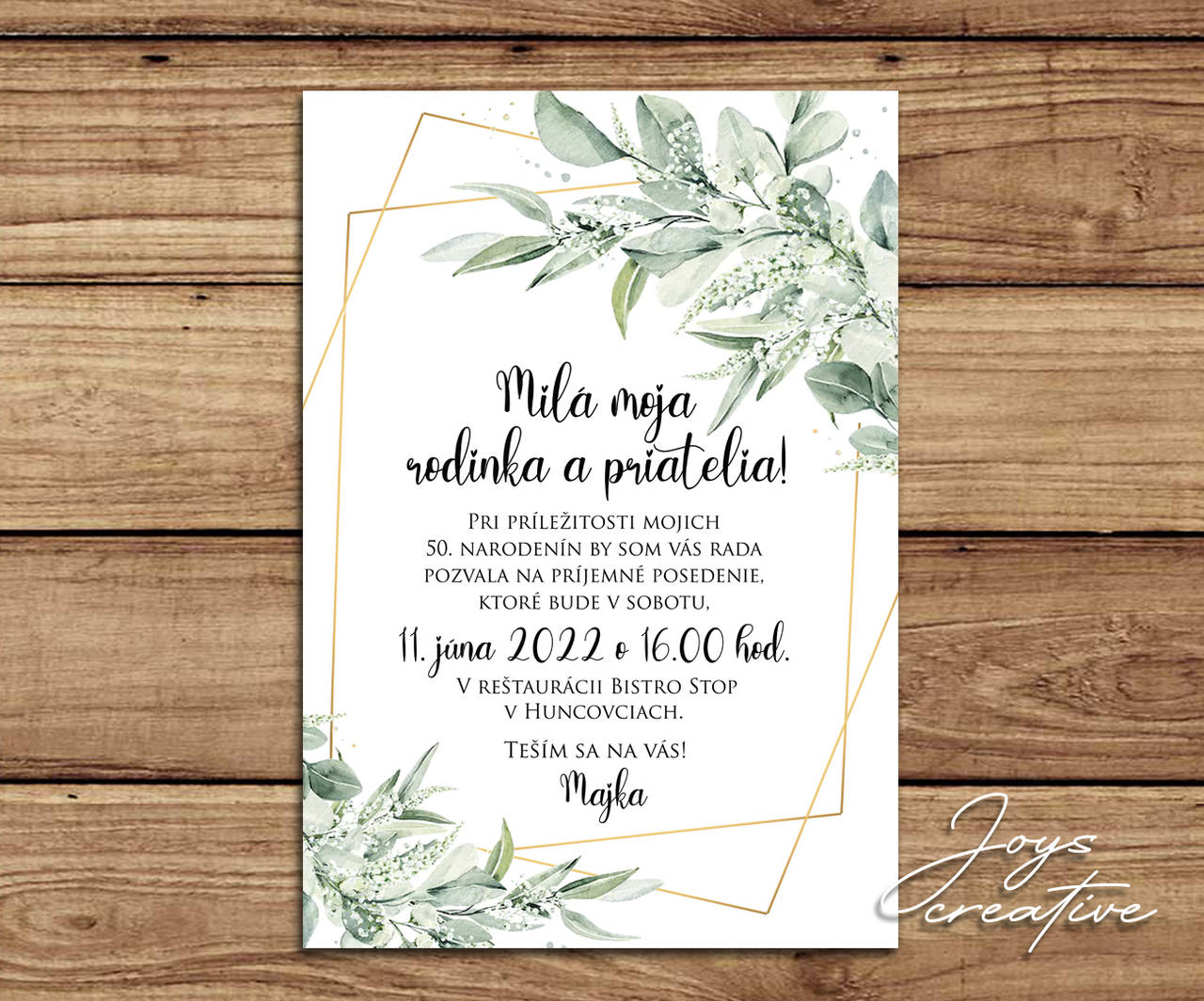 Narodeninová pozvánka na 50 v štýle greenery s listami B22 (originál verzia)
