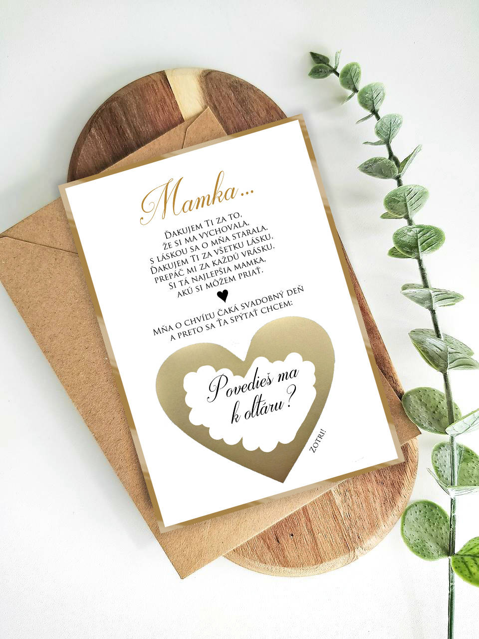 Elegantná, zlatá stieracia kartička pre rodičov - povedieš ma k oltáru? (mamka)
