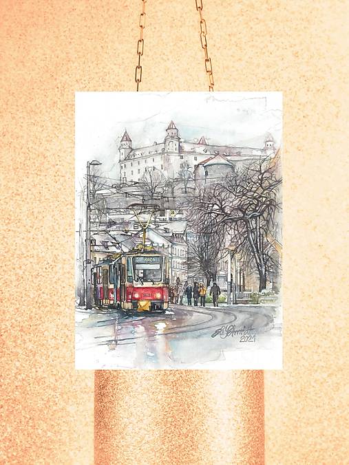 Grafika - Fine Art Print "Ranná električka v Bratislave" (21 x 30 cm) - 17210624_