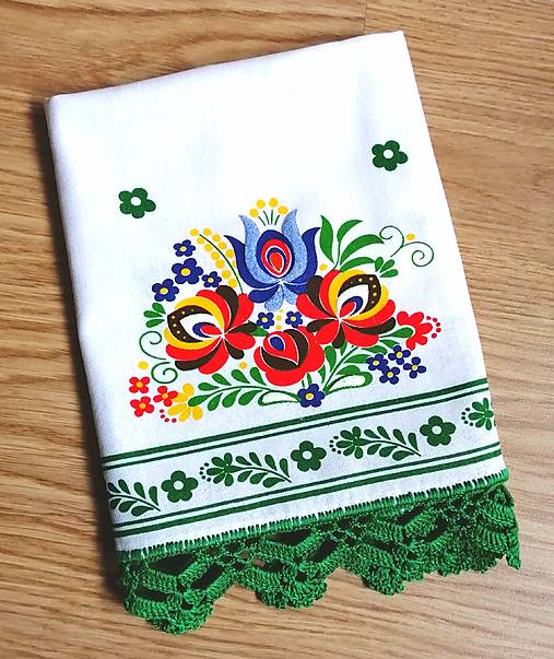 Úžitkový textil - Utierka s háčkovanou krajkou "Folk" - 17212727_