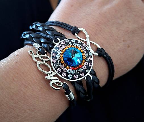 Náramky - Čierny Náramok so Swarovski Kryštálmi a Symbolmi Lásky a Nekonečna - 17218288_