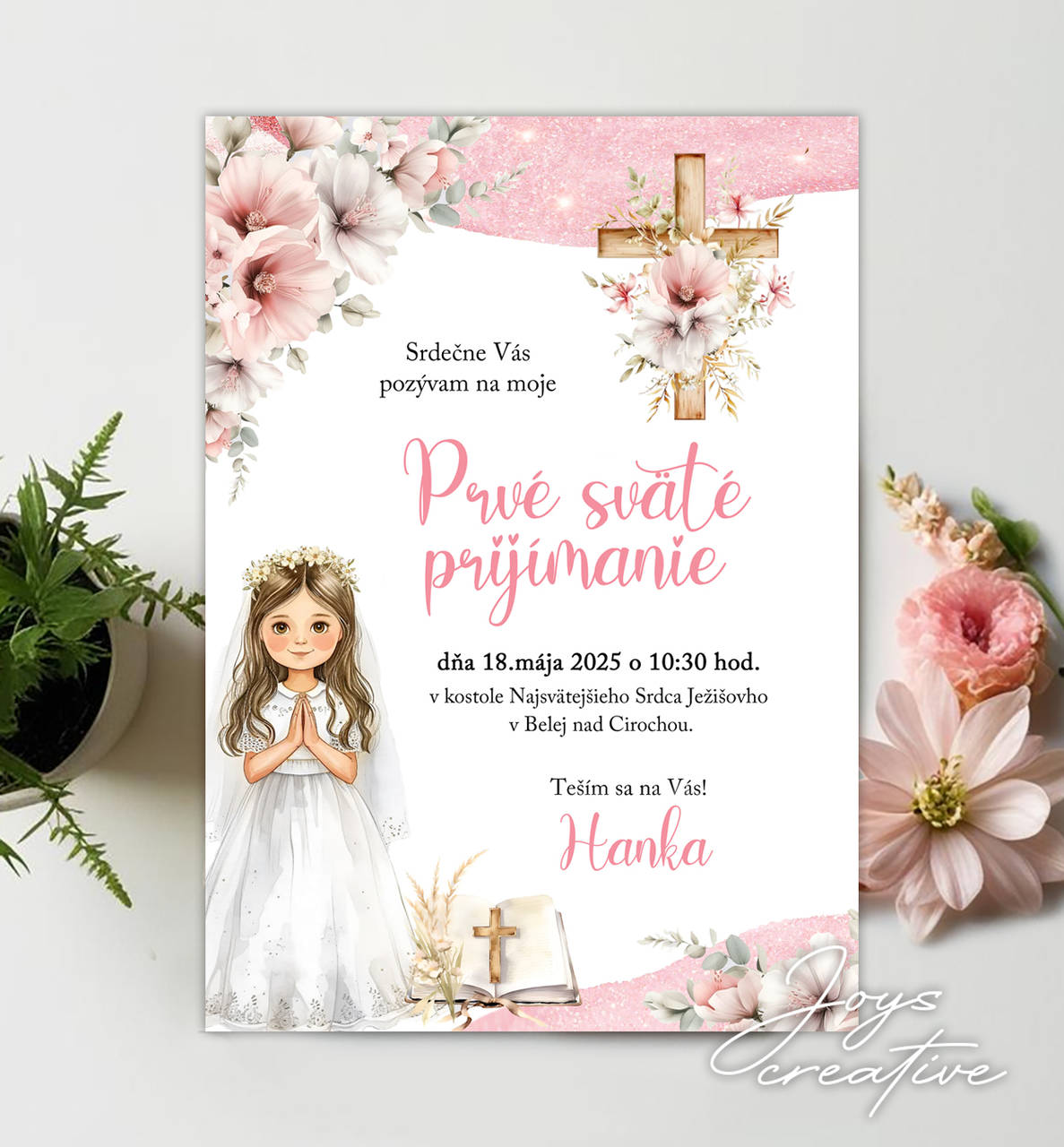 Pozvánka na 1. sväté prijímanie s dievčatkom B07 (verzia s krížikom (min 8ks))