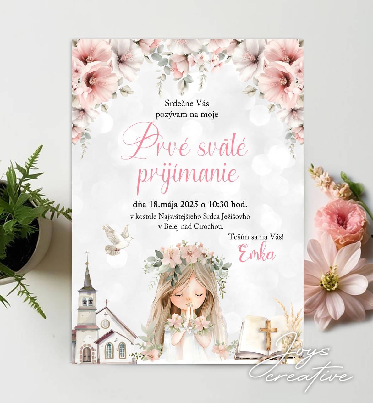 Pozvánka na 1. sväté prijímanie s dievčatkom B07 (verzia s kostolom (min 8 ks))