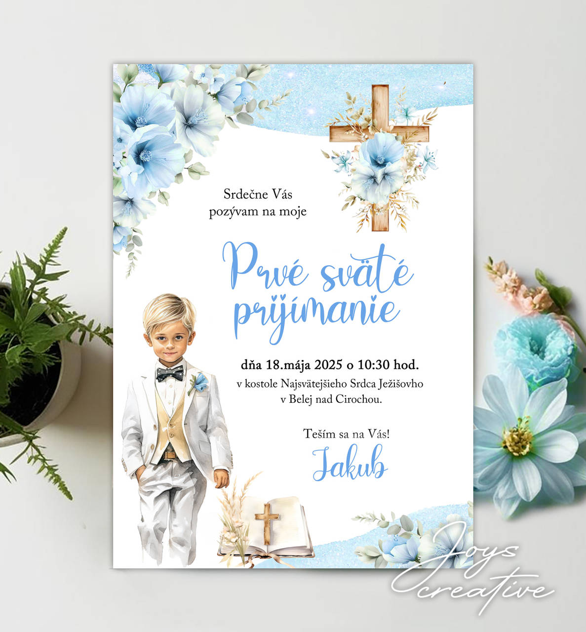 Pozvánka na 1. sväté prijímanie s chlapčekom B07 (verzia s krížikom (min 8 ks))