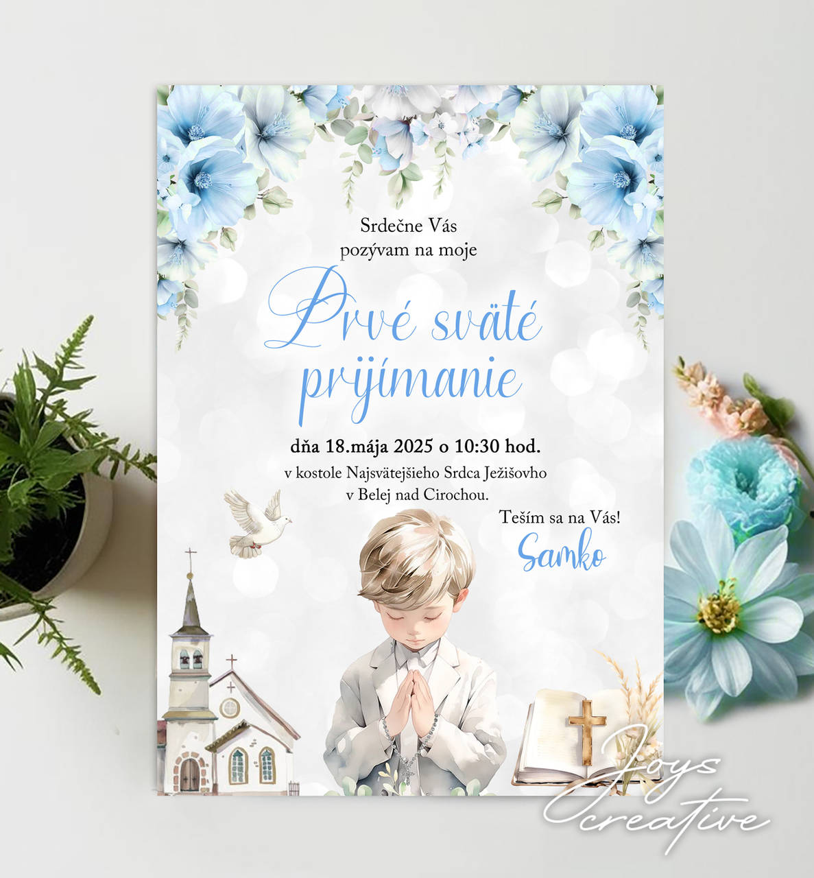 Pozvánka na 1. sväté prijímanie s chlapčekom B07 (verzia s kostolom (min 8 ks))