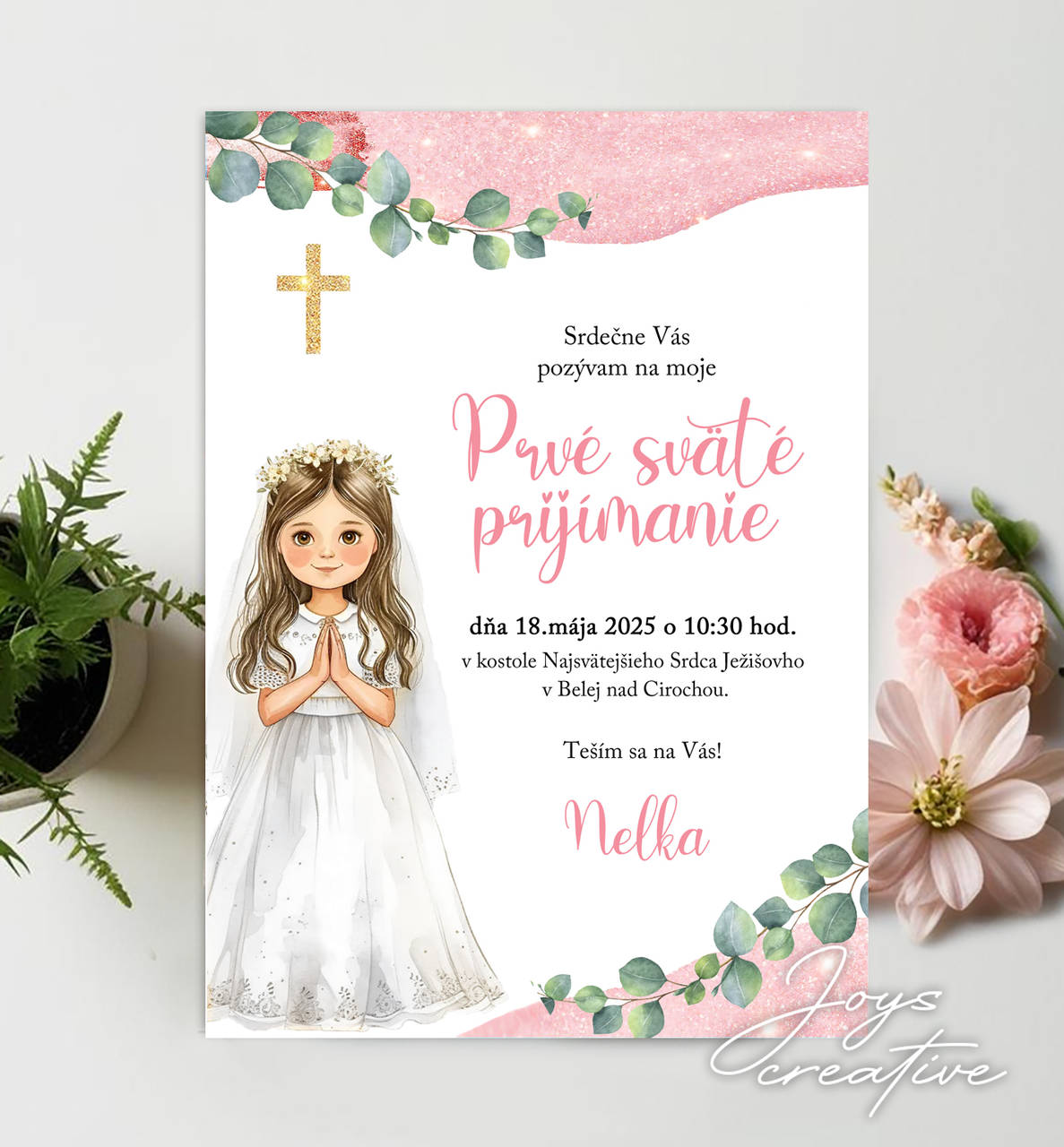 Pozvánka na 1. sväté prijímanie s dievčatkom B07 (verzia s eukalyptom (min 8 ks))