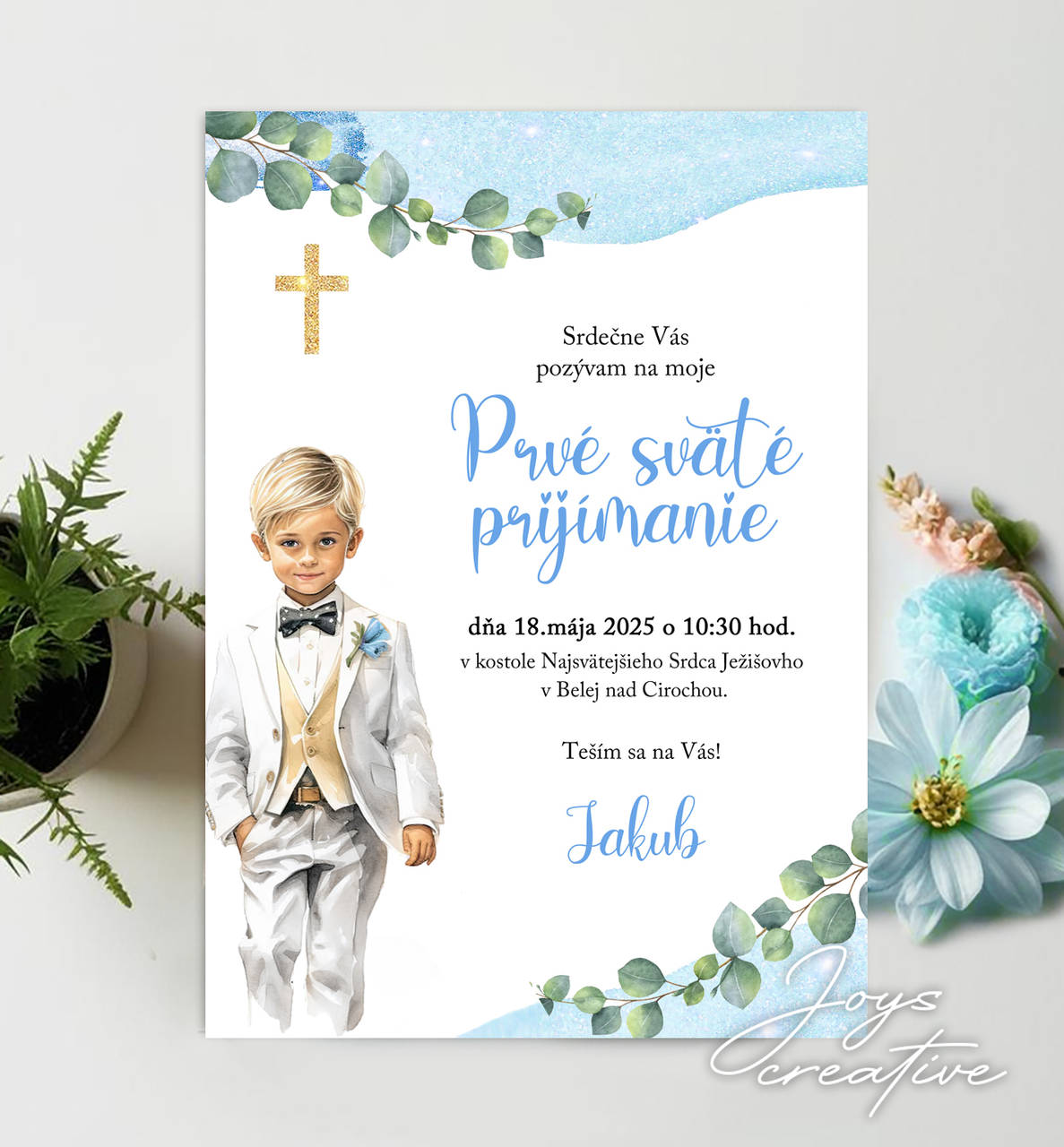 Pozvánka na 1. sväté prijímanie s chlapčekom B07 (verzia s eukalyptom (min 8 ks))