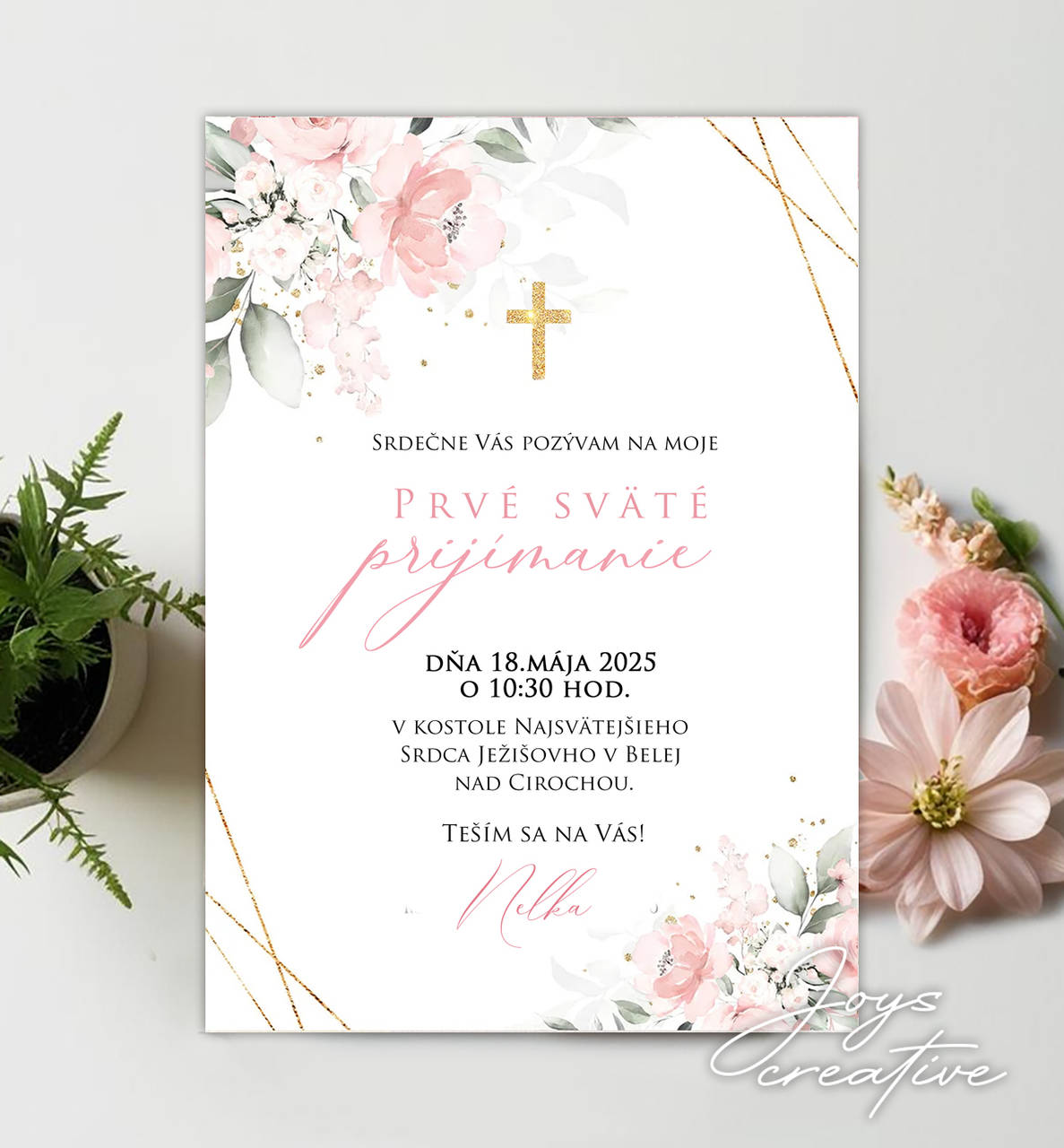Pozvánka na 1. sväté prijímanie s kvetmi a krížikom (ružová)